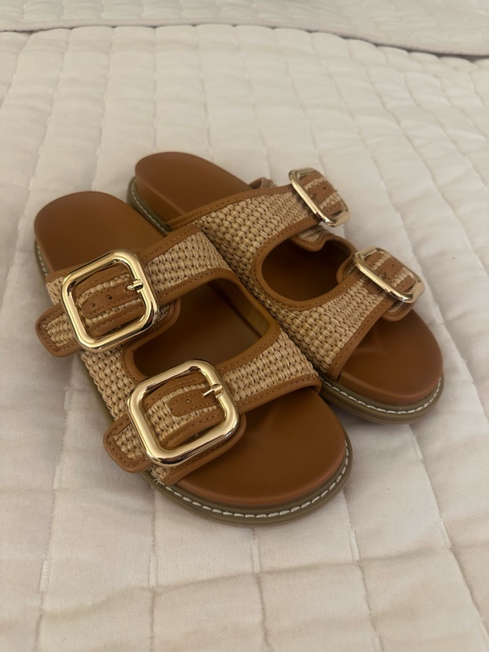 Woven Strap Slide Sandals with Gold Buckles